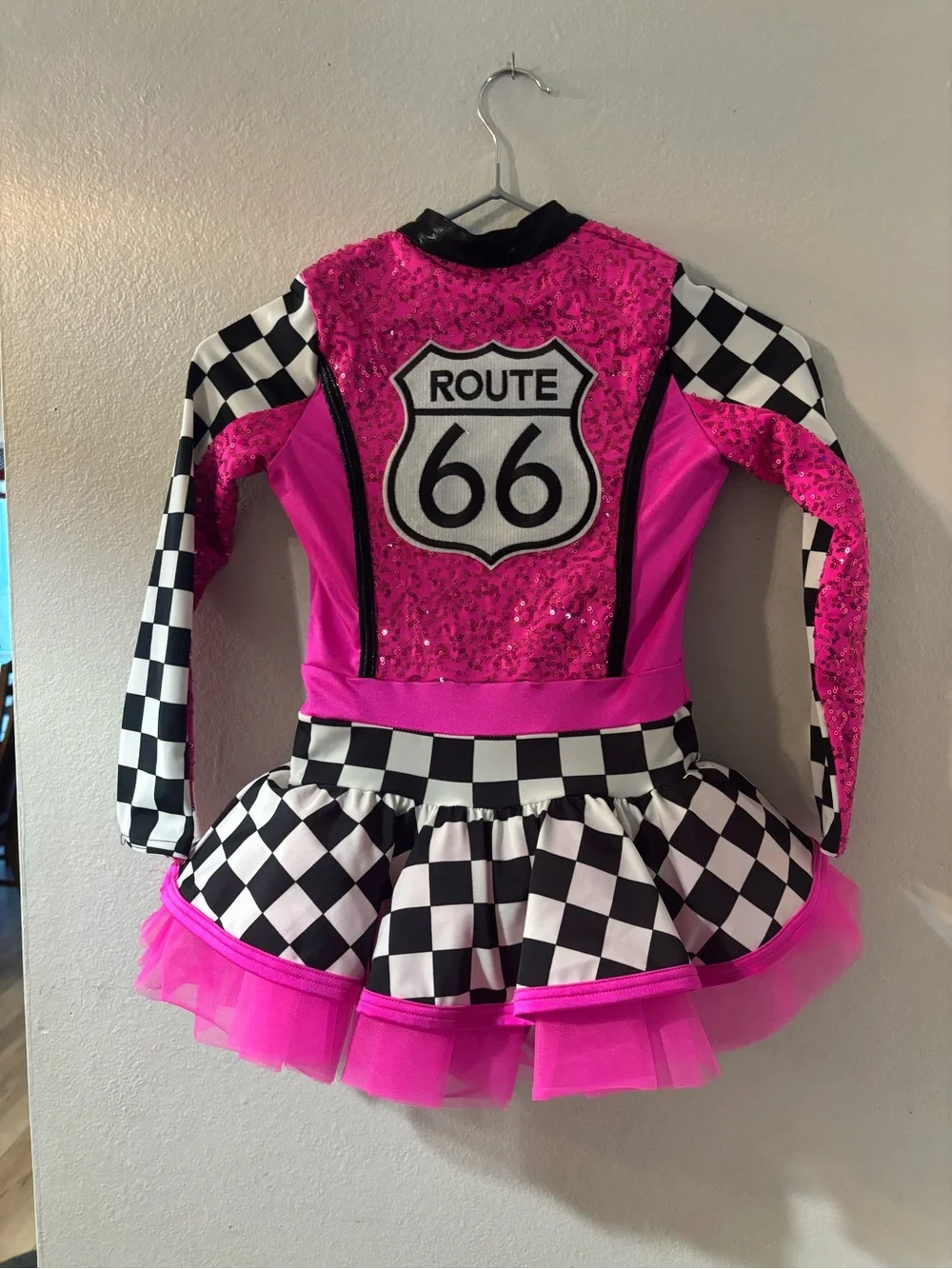 Weissman Route 66 Hot Pink Sequin & Black-White Checkerboard Dance Costume